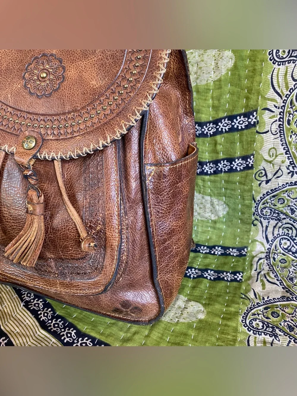 Patricia Nash Distressed Cognac Jovanna Embossed Leather Backpack Western Boho